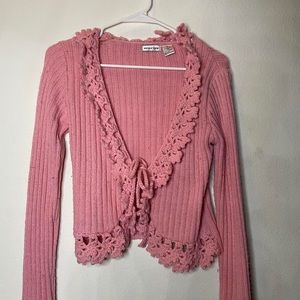 Vintage y2k pink ruffle crochet sweater
